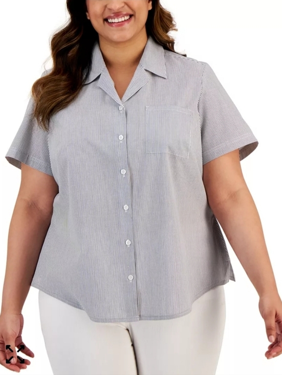 Karen Scott Tops - Karen Scott Short-Slv Button-Down Top Light Gray Pinstripe PXL Classic Nautical